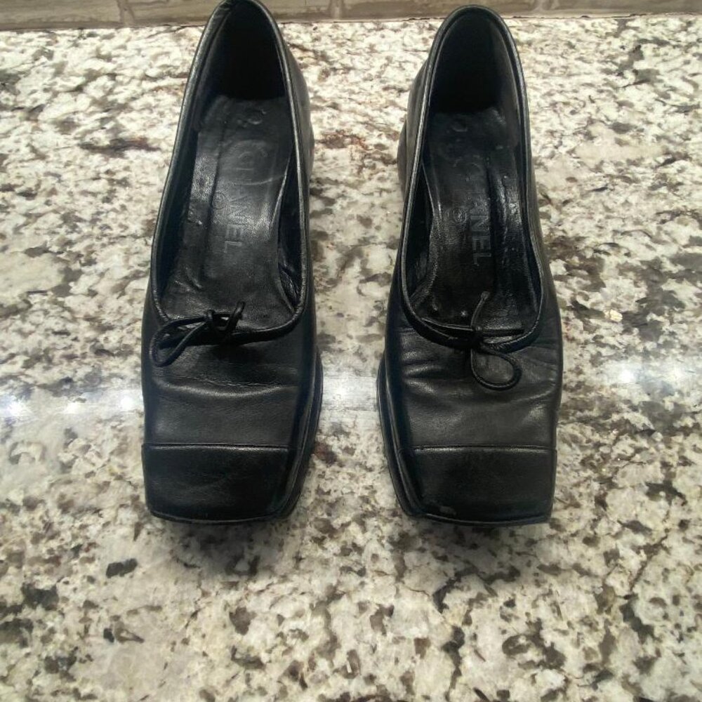 CHANEL Black leather Shoes Women Size 36.5 Euro (6.5 US) Wedge Slip on